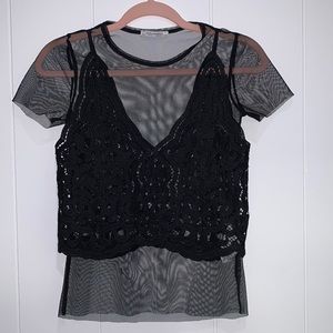Zara trafaluc sheer embroidered black blouse. Size Small.